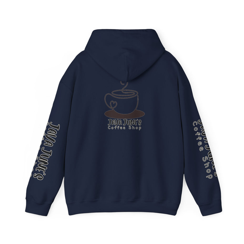 Java June's Coffee Shop Hoodie — White Logo Pullover with Back Cup Design