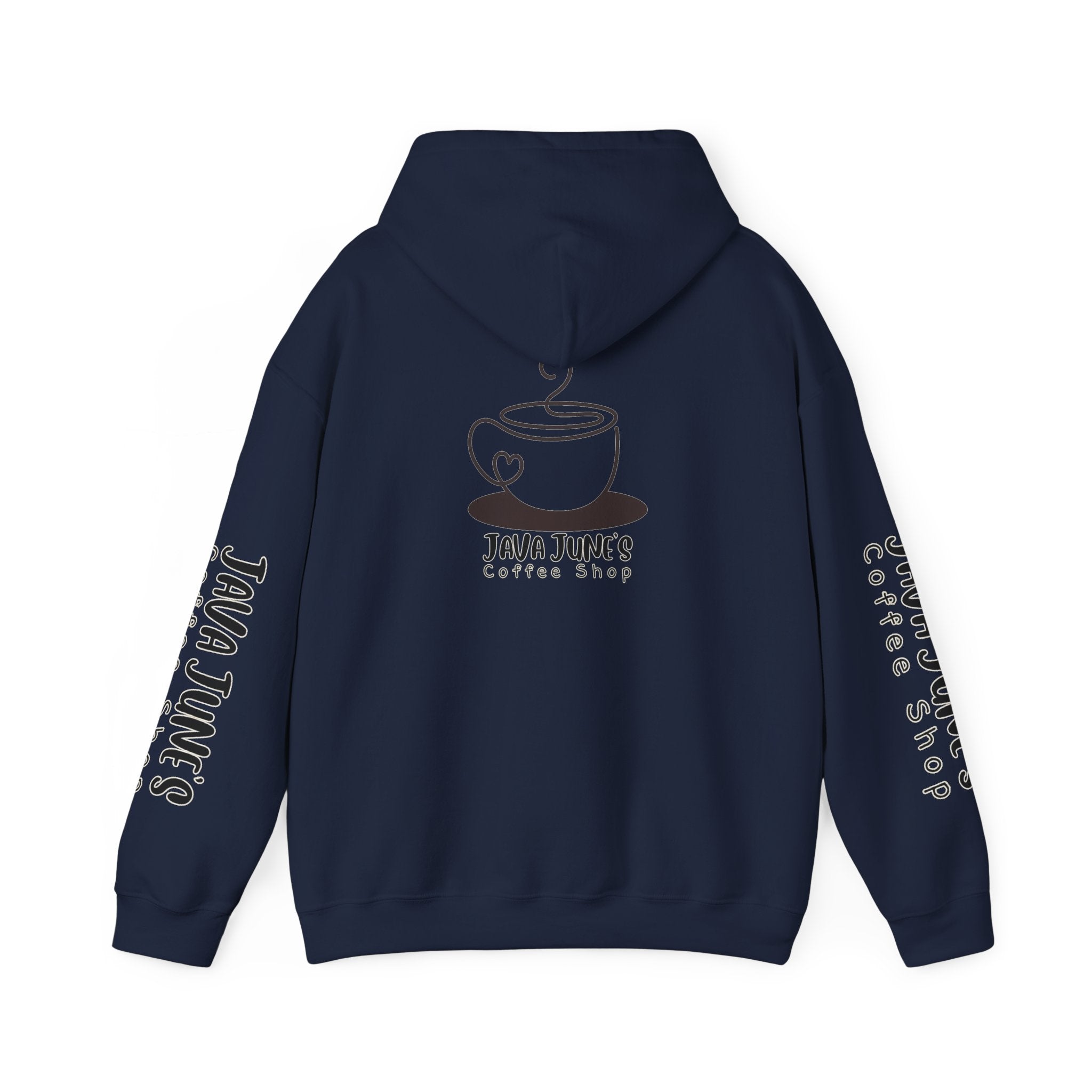 Java June's Coffee Shop Hoodie — White Logo Pullover with Back Cup Design