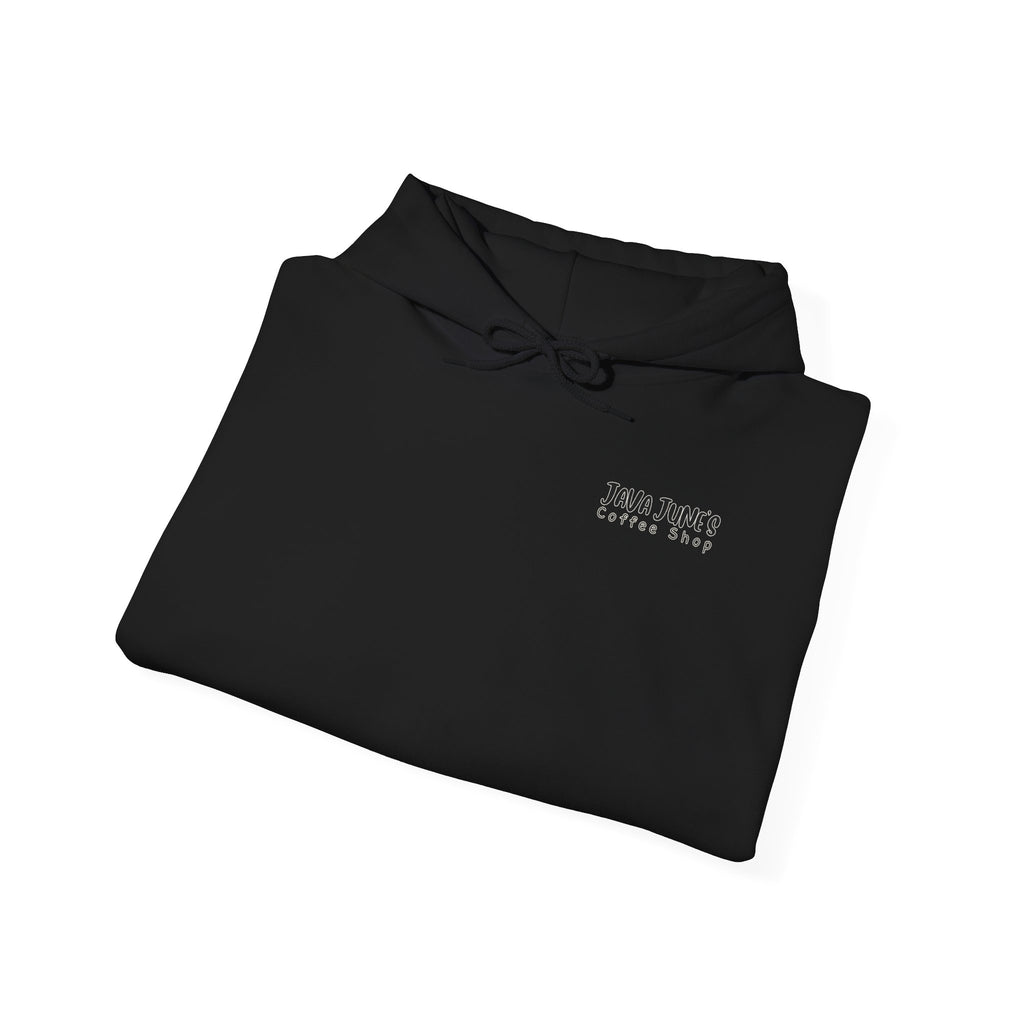 Java June's Coffee Shop Hoodie — White Logo Pullover with Back Cup Design