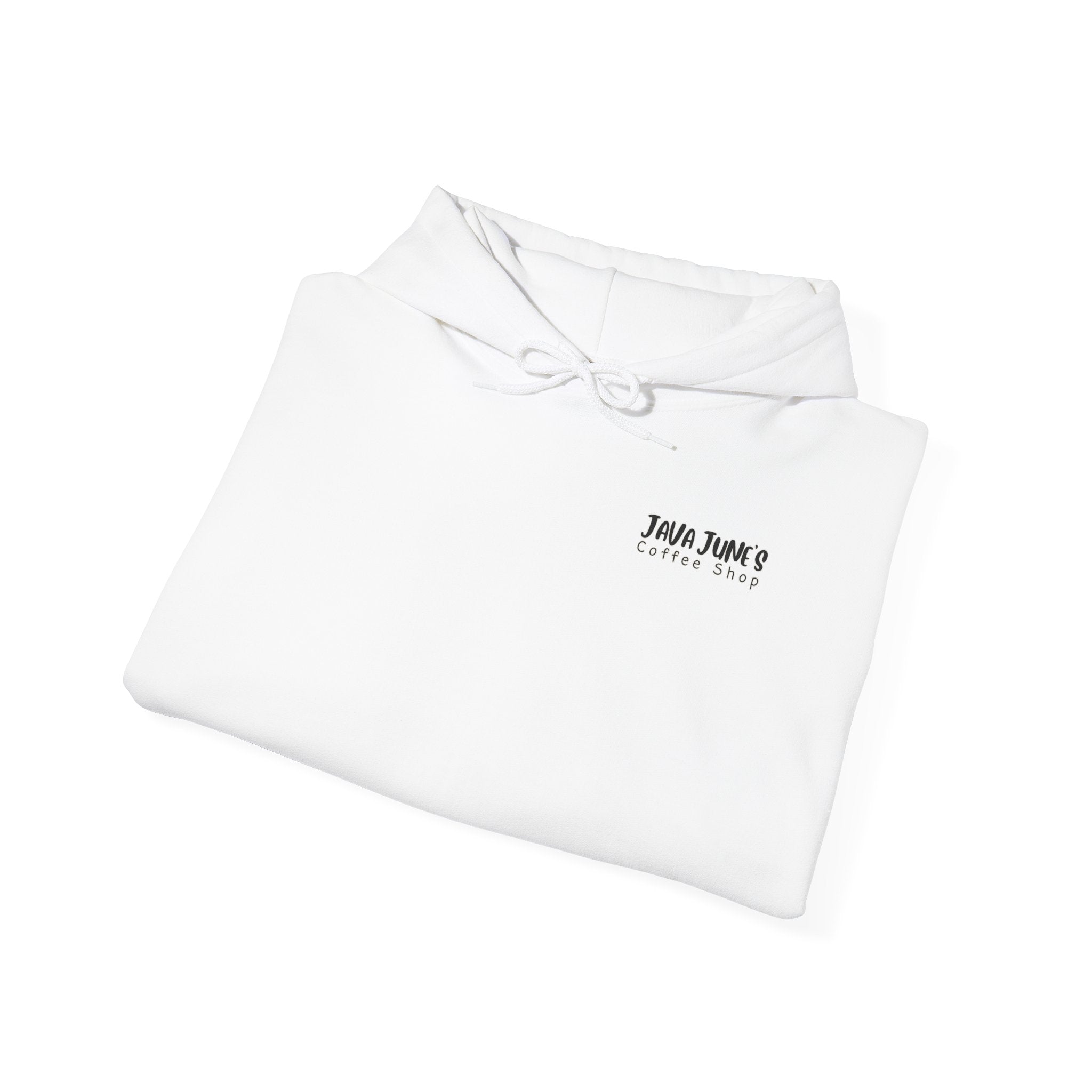 Java June's Coffee Shop Hoodie — White Logo Pullover with Back Cup Design