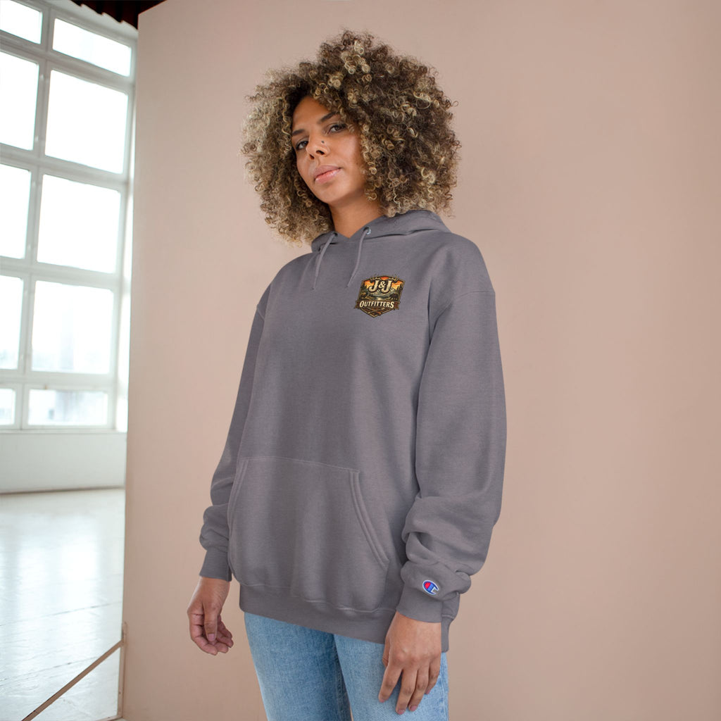 J&J Outfitters Champion Hoodie — Vintage Outdoor Fishing Logo Pullover