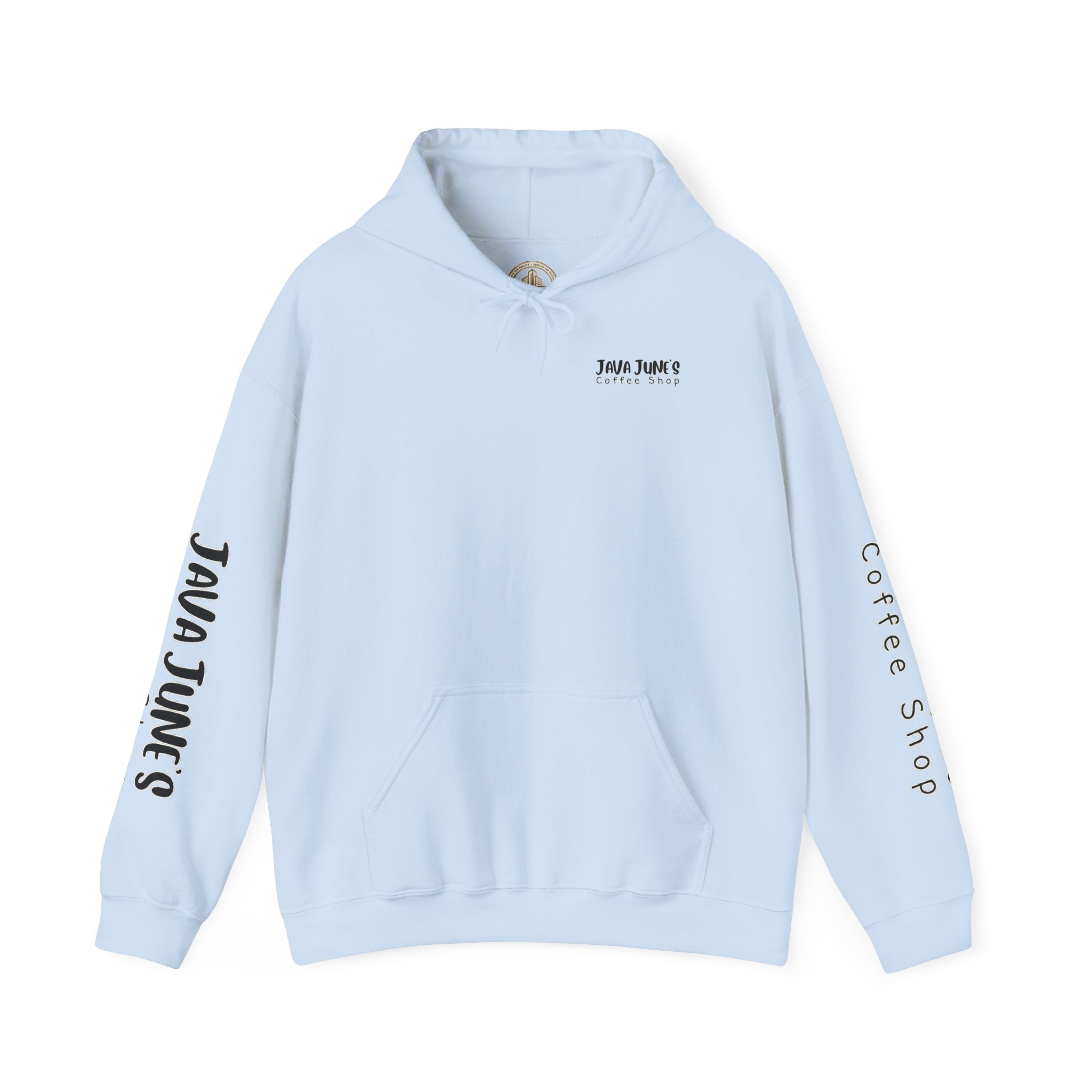 Java June's Coffee Shop Hoodie — White Logo Pullover with Back Cup Design