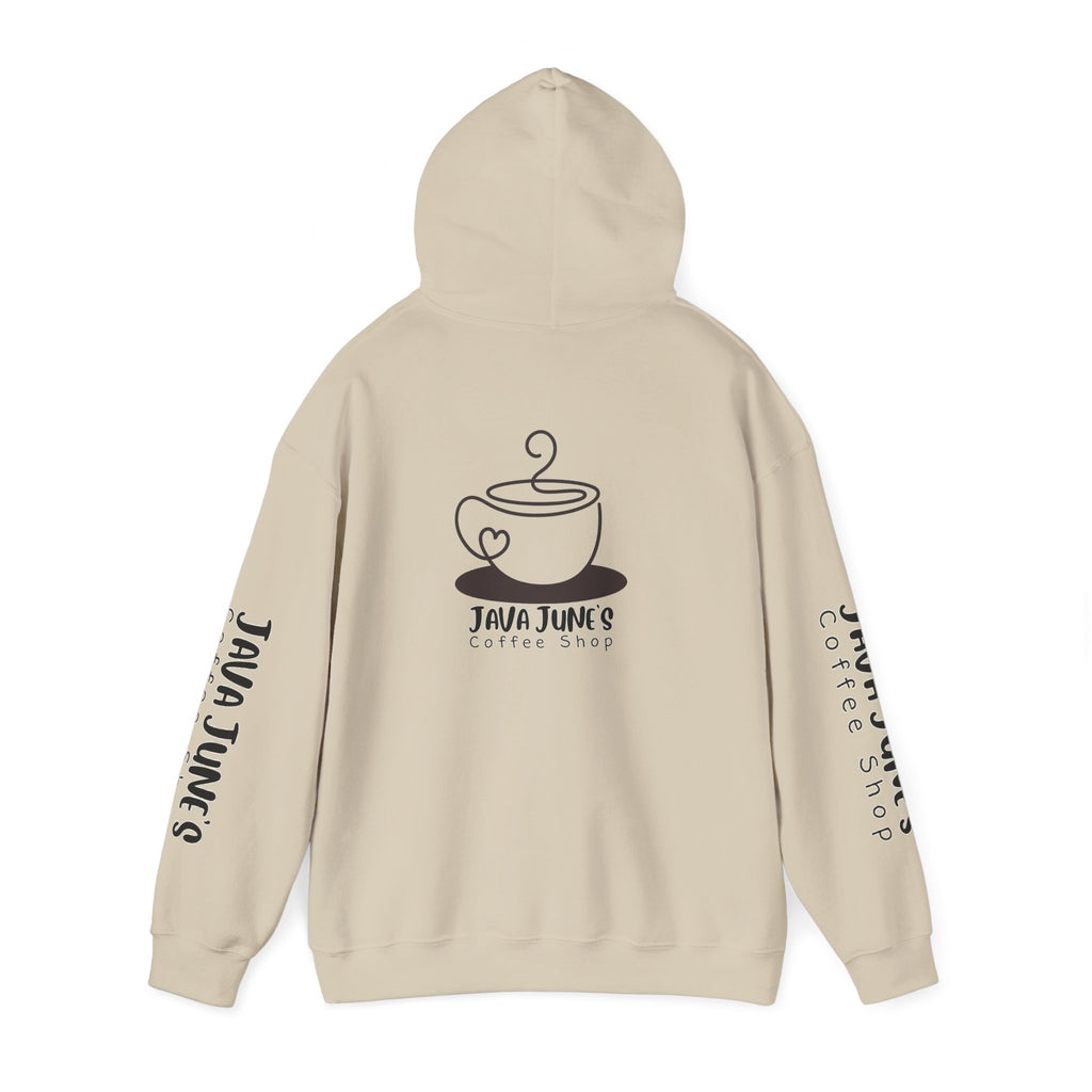 Java June's Coffee Shop Hoodie — White Logo Pullover with Back Cup Design