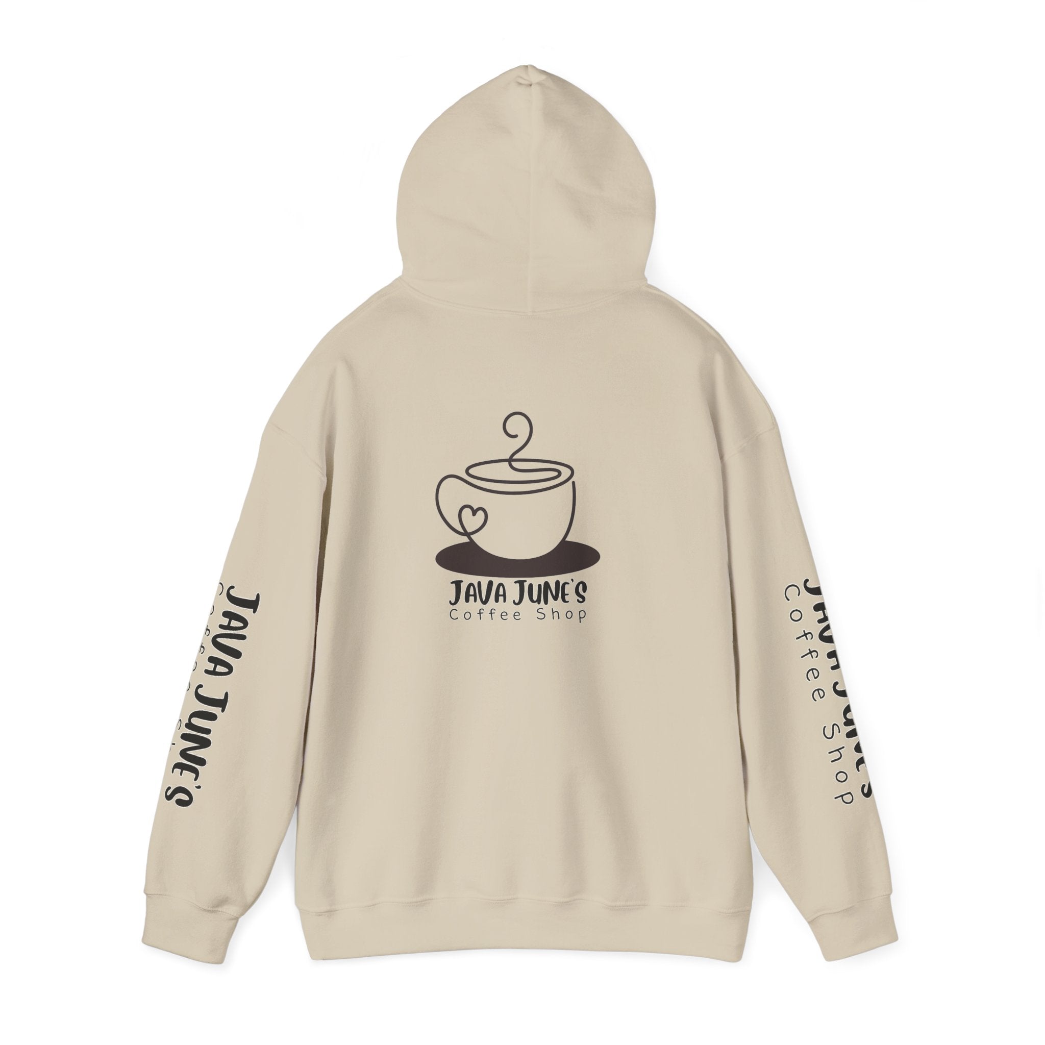 Java June's Coffee Shop Hoodie — White Logo Pullover with Back Cup Design