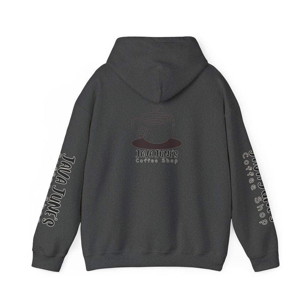 Java June's Coffee Shop Hoodie — White Logo Pullover with Back Cup Design
