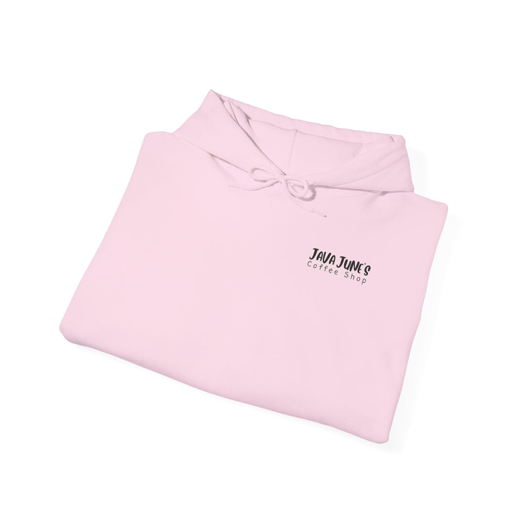 Java June's Coffee Shop Hoodie — White Logo Pullover with Back Cup Design