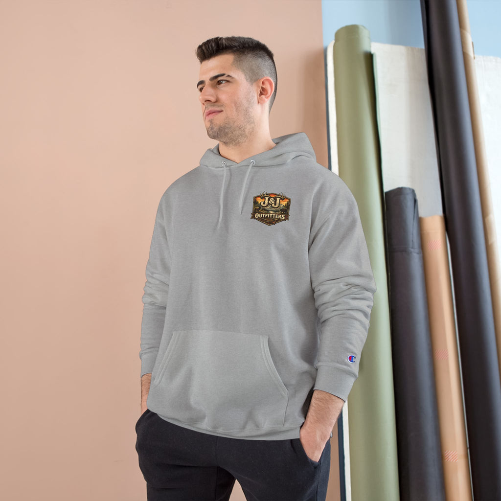 J&J Outfitters Champion Hoodie — Vintage Outdoor Fishing Logo Pullover