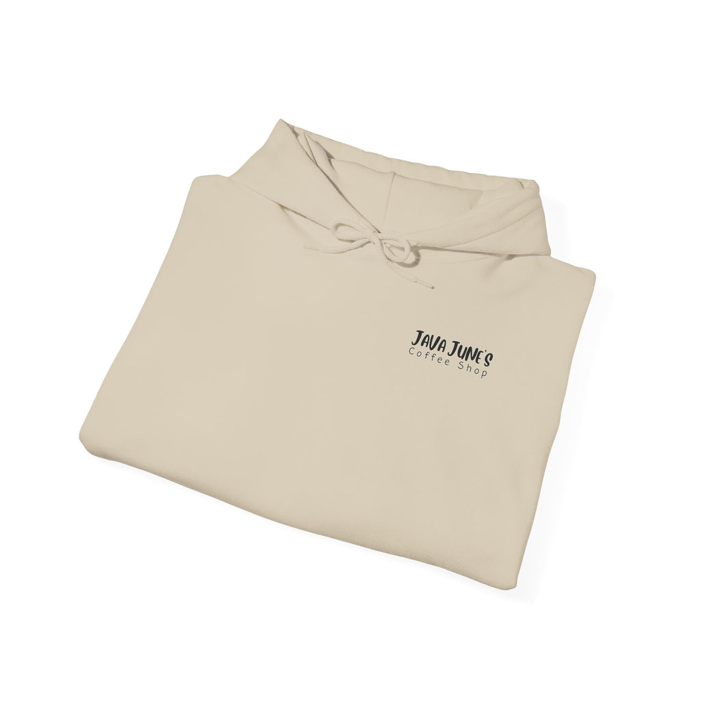 Java June's Coffee Shop Hoodie — White Logo Pullover with Back Cup Design