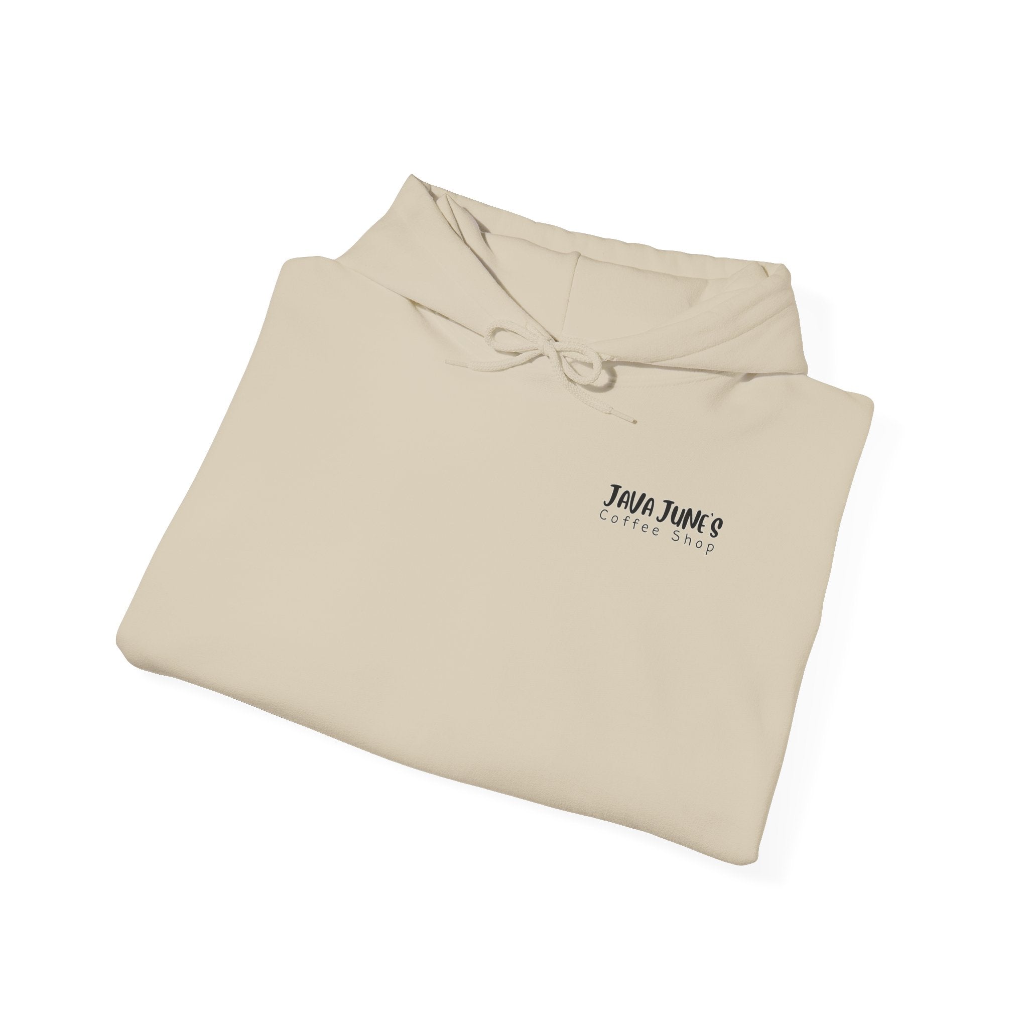 Java June's Coffee Shop Hoodie — White Logo Pullover with Back Cup Design