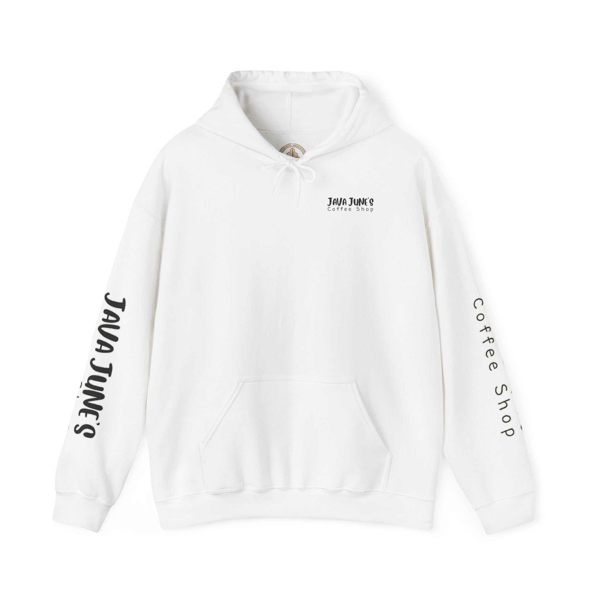 Java June's Coffee Shop Hoodie — White Logo Pullover with Back Cup Design