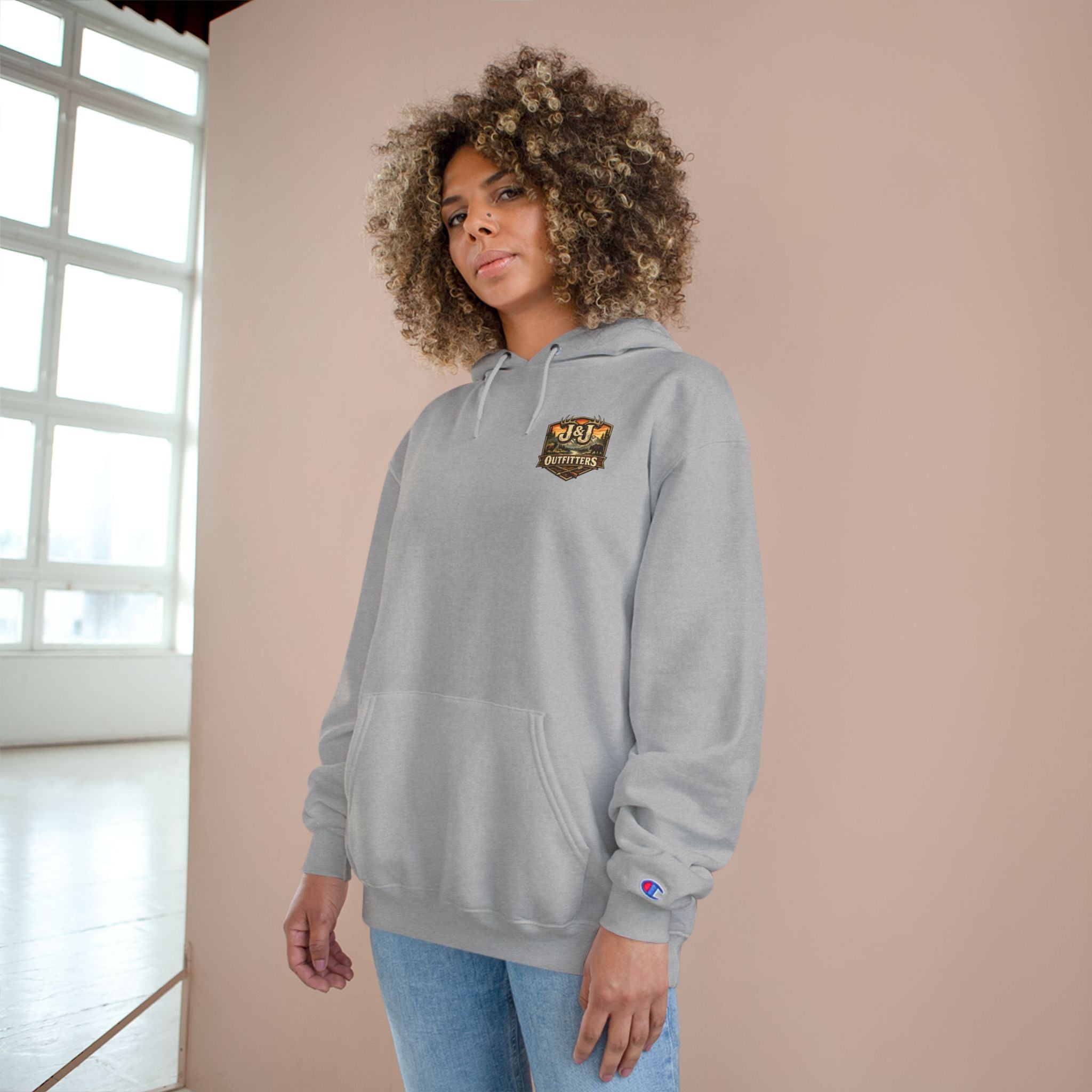 J&J Outfitters Champion Hoodie — Vintage Outdoor Fishing Logo Pullover