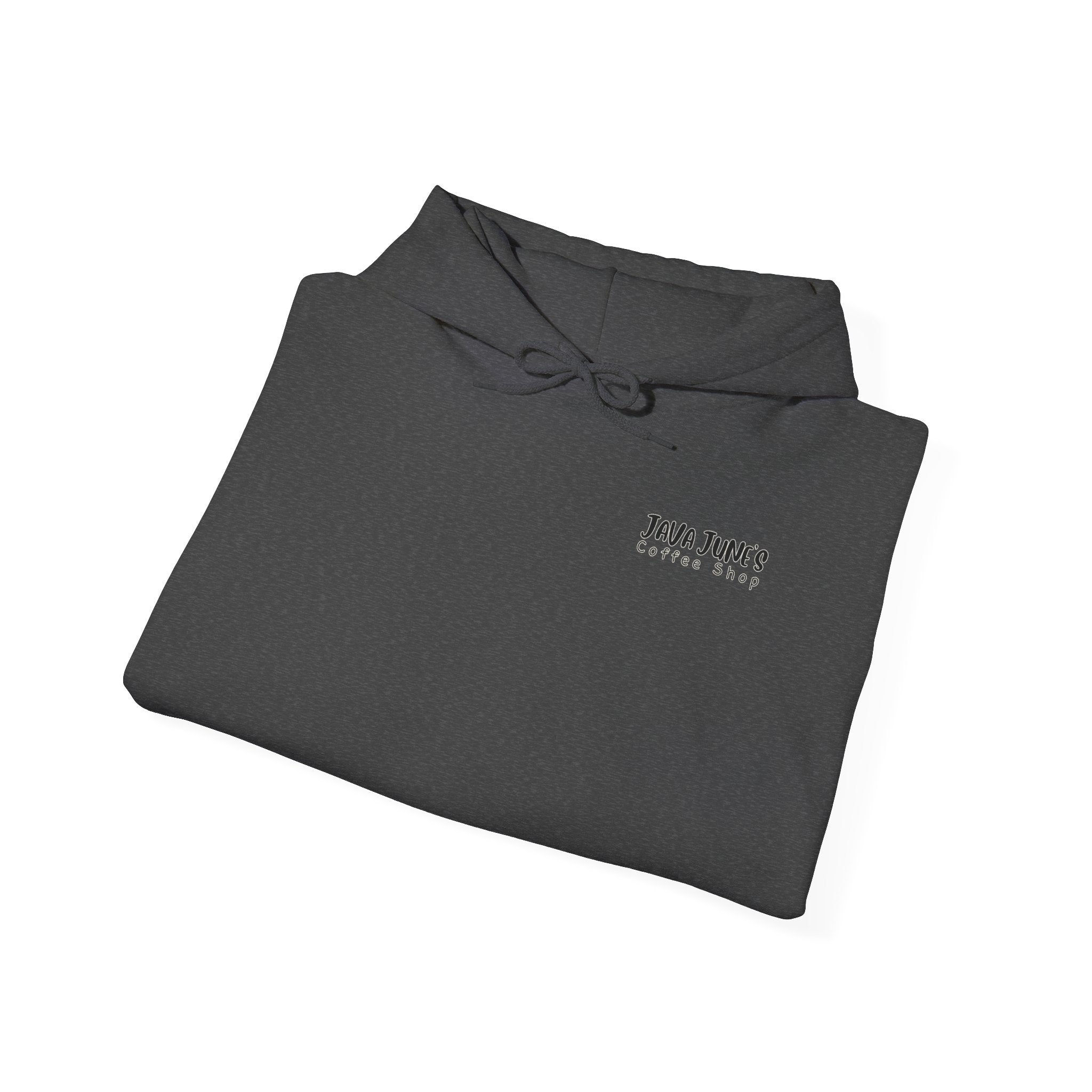 Java June's Coffee Shop Hoodie — White Logo Pullover with Back Cup Design