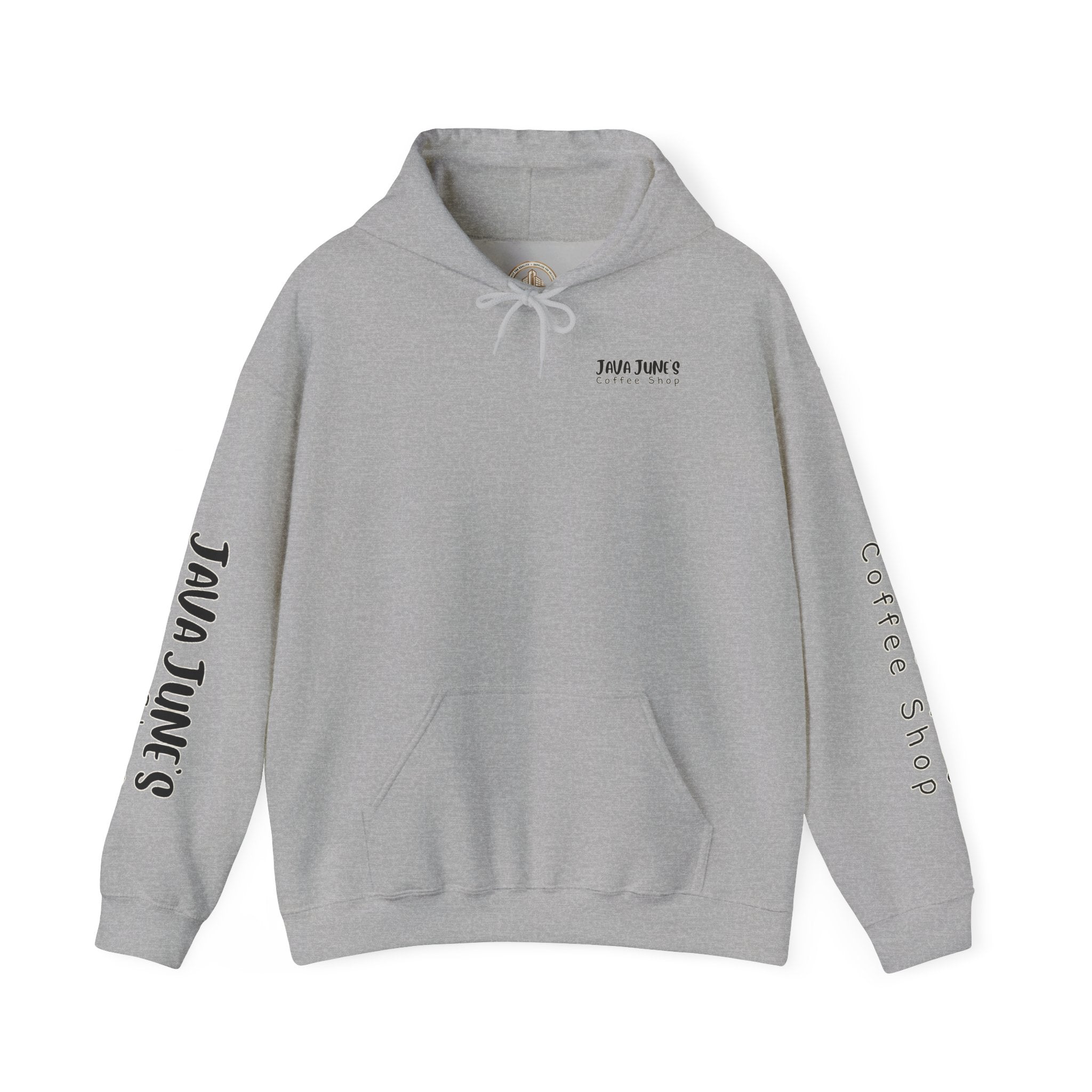 Java June's Coffee Shop Hoodie — White Logo Pullover with Back Cup Design
