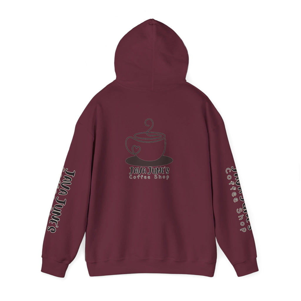 Java June's Coffee Shop Hoodie — White Logo Pullover with Back Cup Design