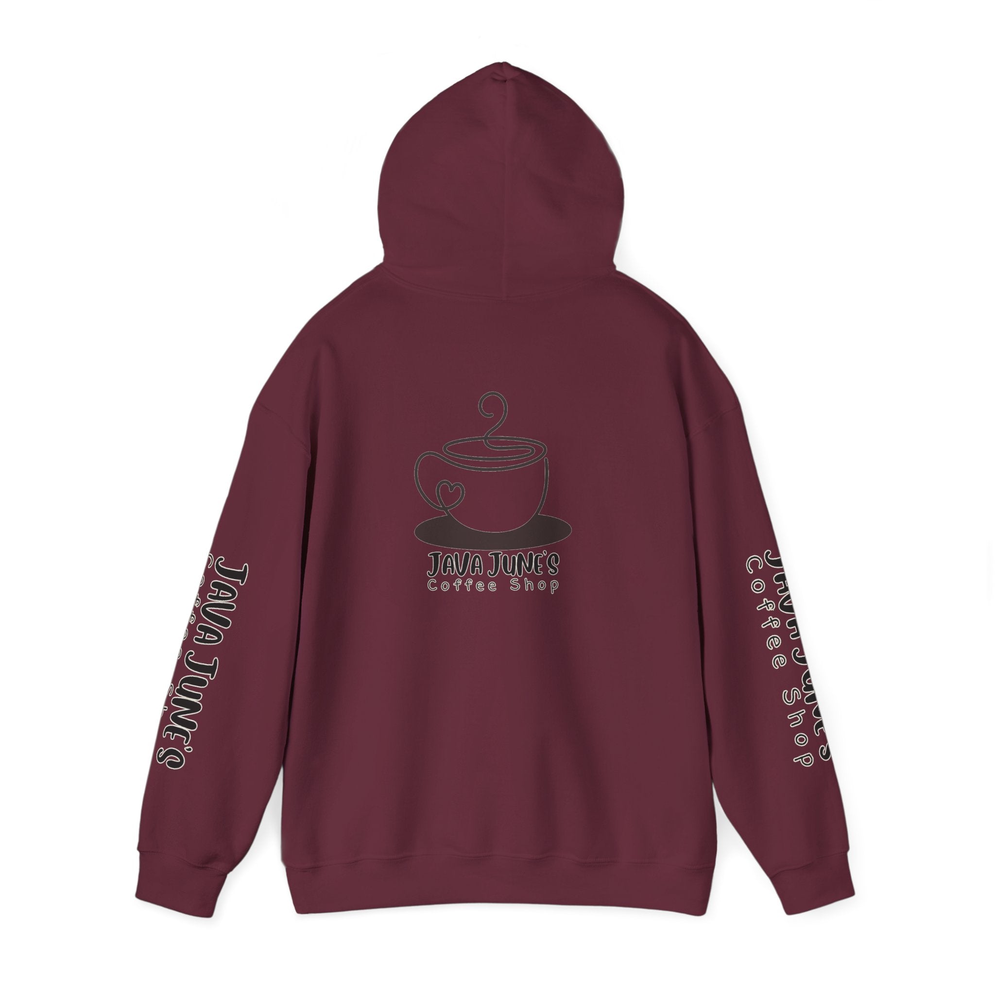 Java June's Coffee Shop Hoodie — White Logo Pullover with Back Cup Design