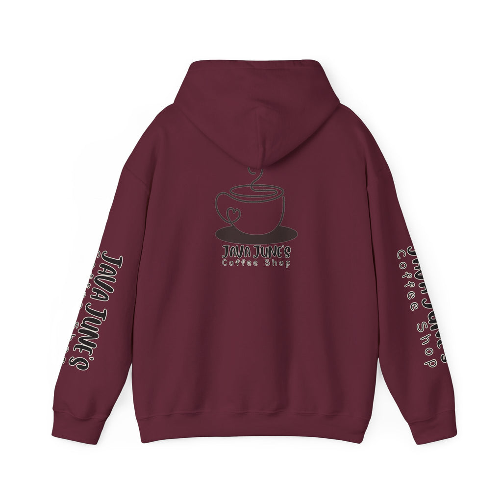 Java June's Coffee Shop Hoodie — White Logo Pullover with Back Cup Design