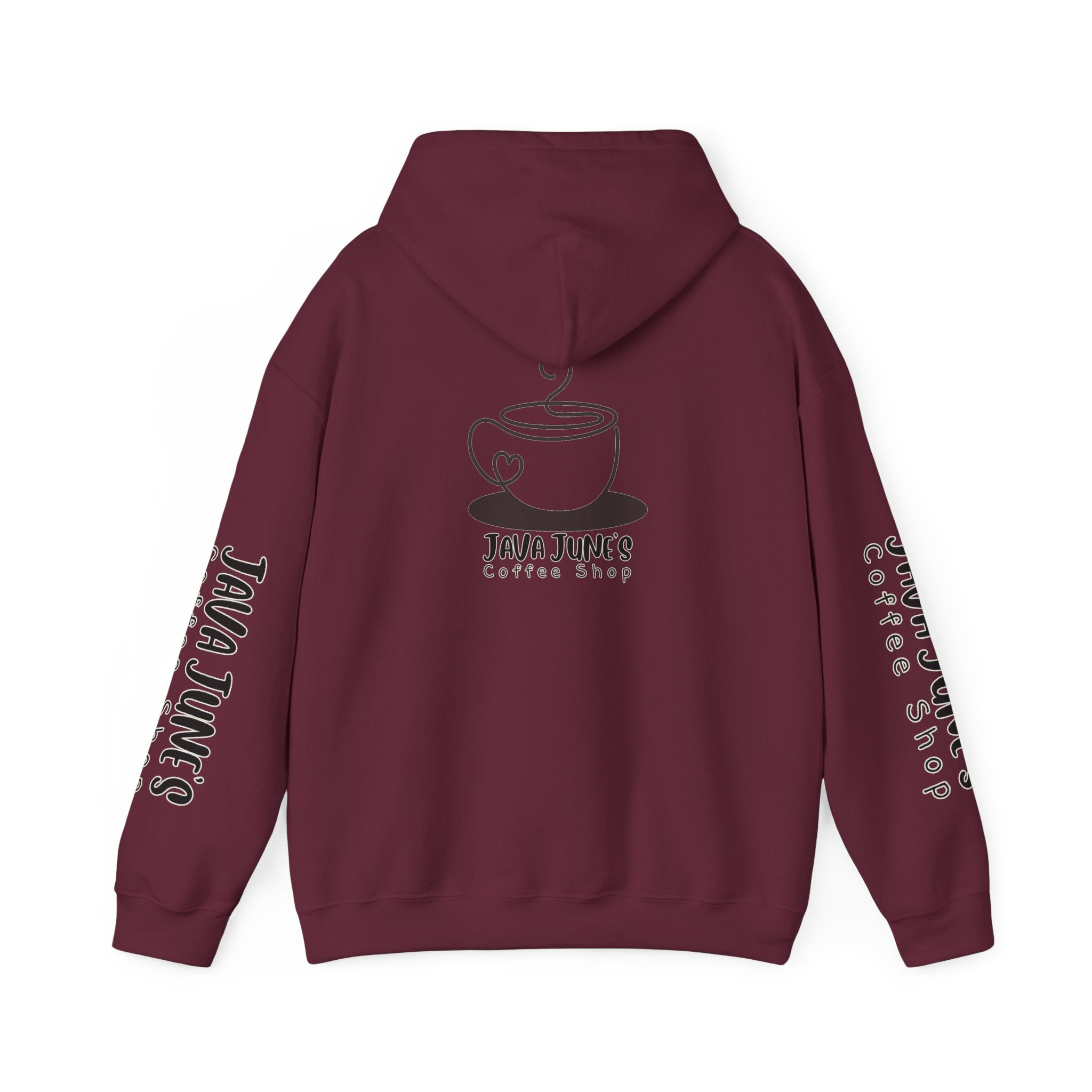 Java June's Coffee Shop Hoodie — White Logo Pullover with Back Cup Design