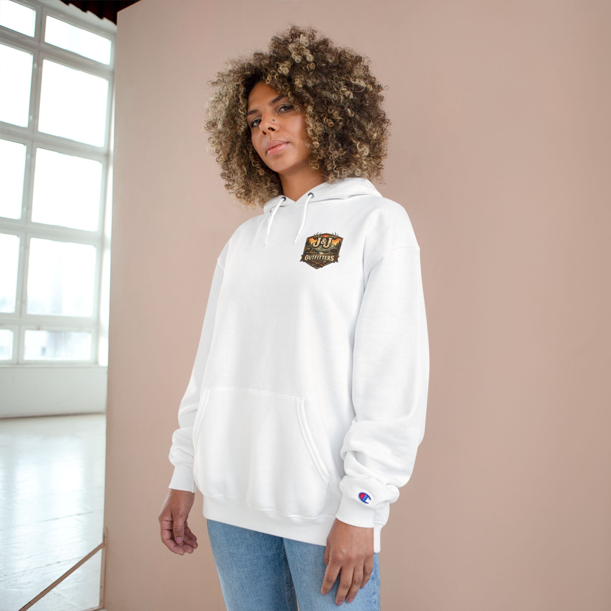 J&J Outfitters Champion Hoodie — Vintage Outdoor Fishing Logo Pullover
