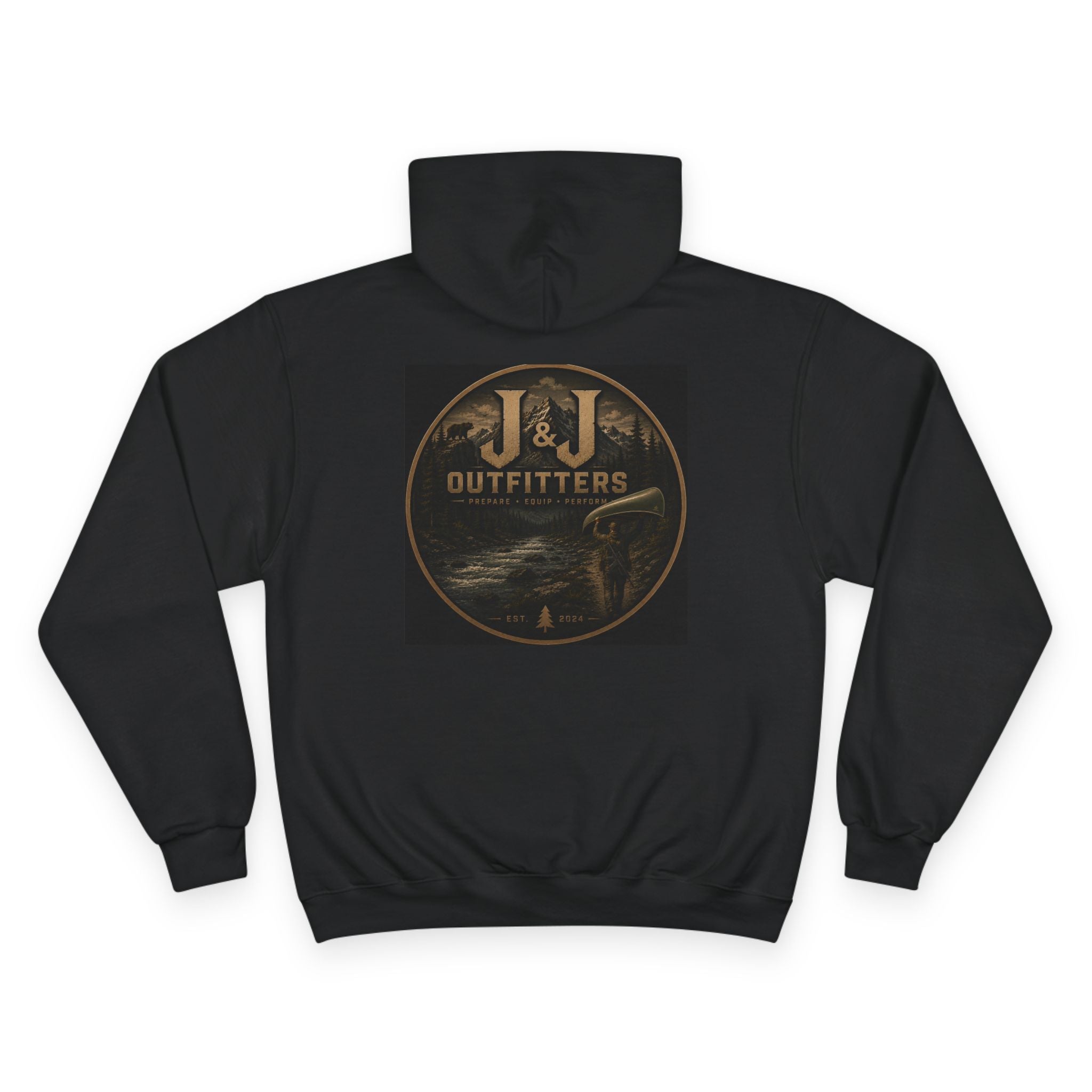 J&J Outfitters Champion Hoodie — Vintage Outdoor Fishing Logo Pullover