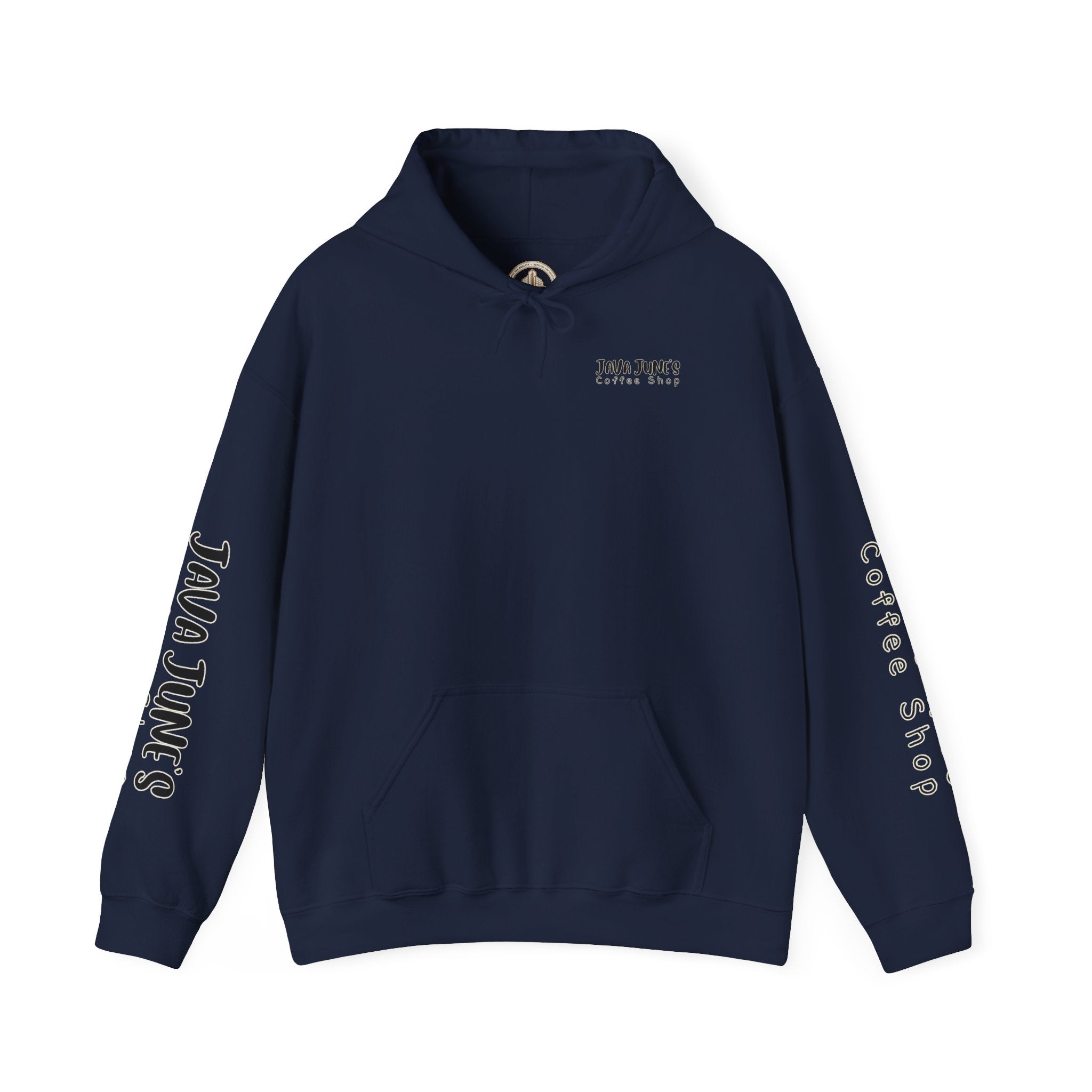 Java June's Coffee Shop Hoodie — White Logo Pullover with Back Cup Design