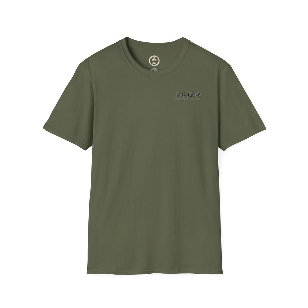 Coffee Shop Logo T-Shirt — "Java June's Coffee Shop" Minimal Chest Print