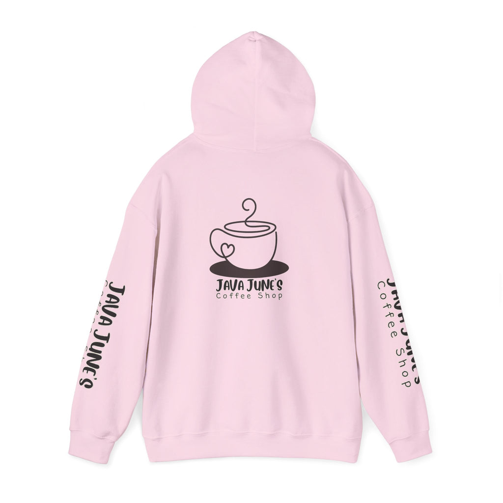 Java June's Coffee Shop Hoodie — White Logo Pullover with Back Cup Design