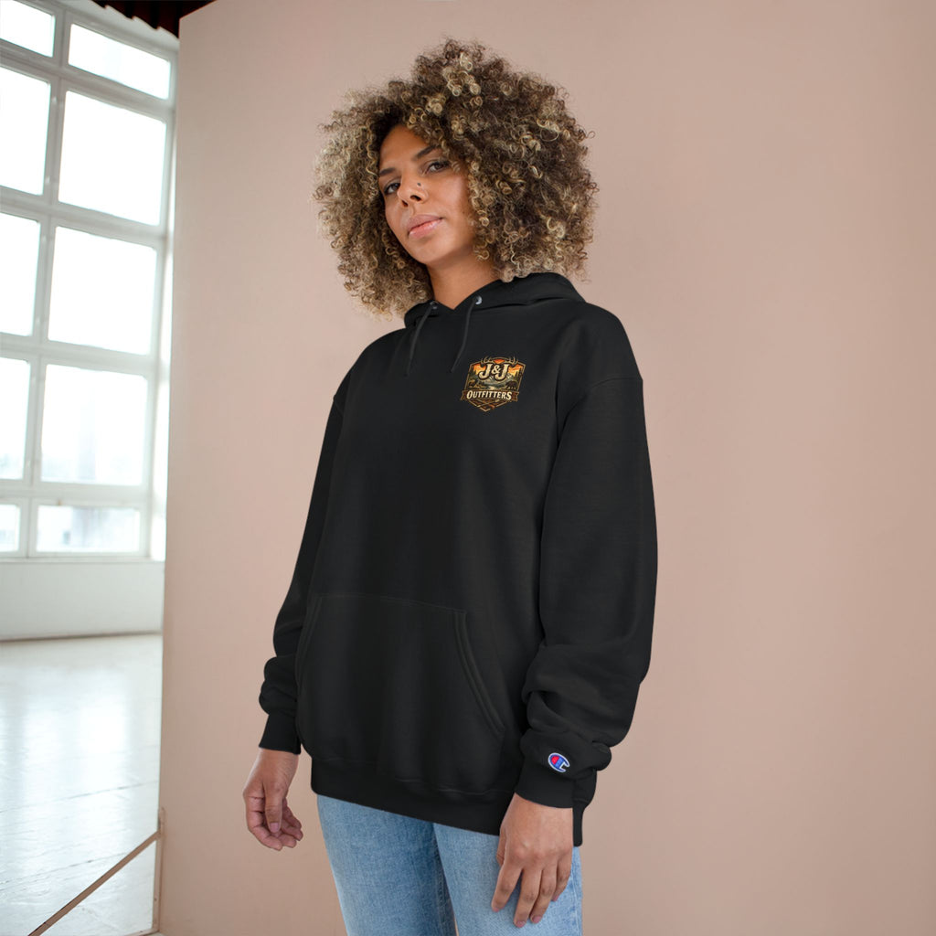 J&J Outfitters Champion Hoodie — Vintage Outdoor Fishing Logo Pullover