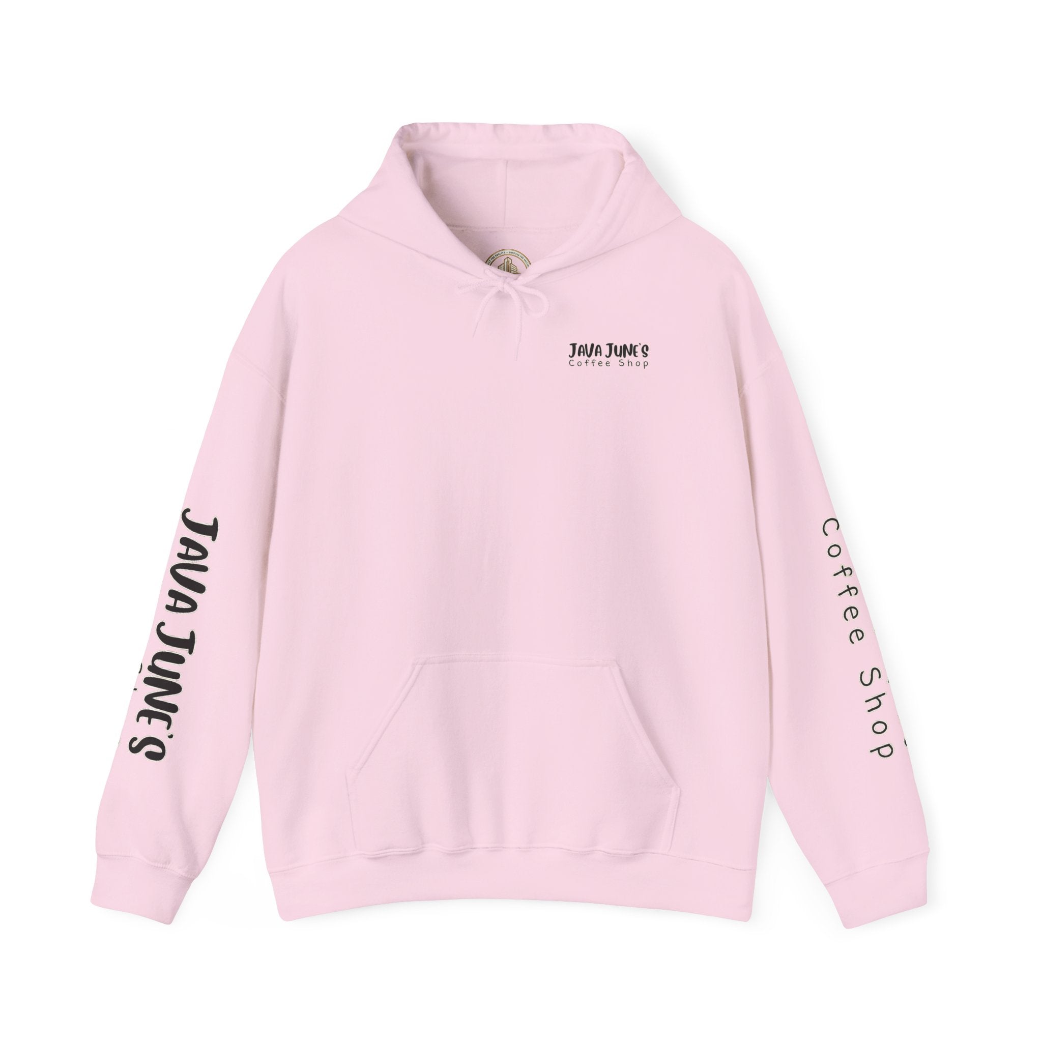 Java June's Coffee Shop Hoodie — White Logo Pullover with Back Cup Design