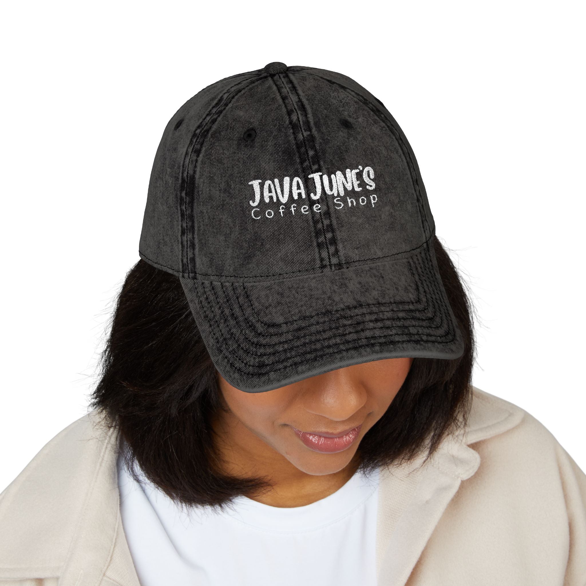 DRAFT Vintage Embroidered Baseball Cap — "Java Juno Coffeehouse" Washed Cotton