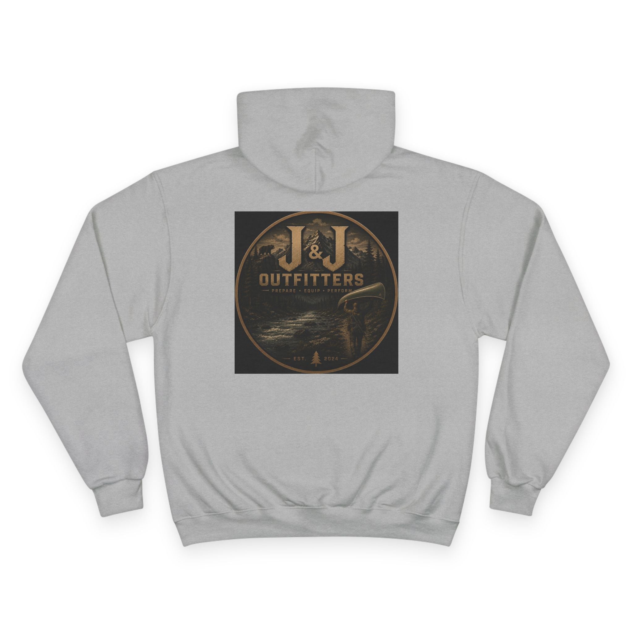 J&J Outfitters Champion Hoodie — Vintage Outdoor Fishing Logo Pullover